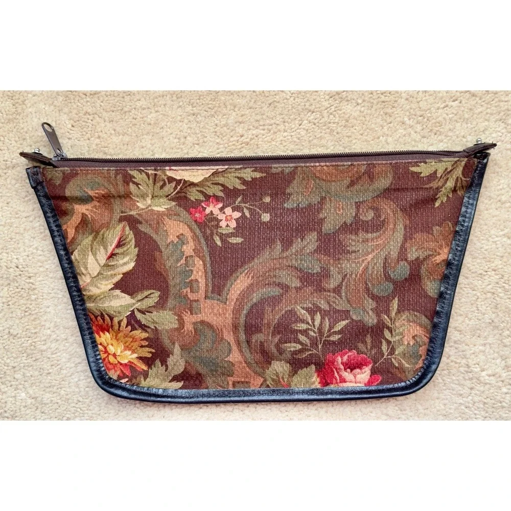 Brighton Vintage Straw Leather Tote, Floral Print Lined Purse‎ With Dust Bag